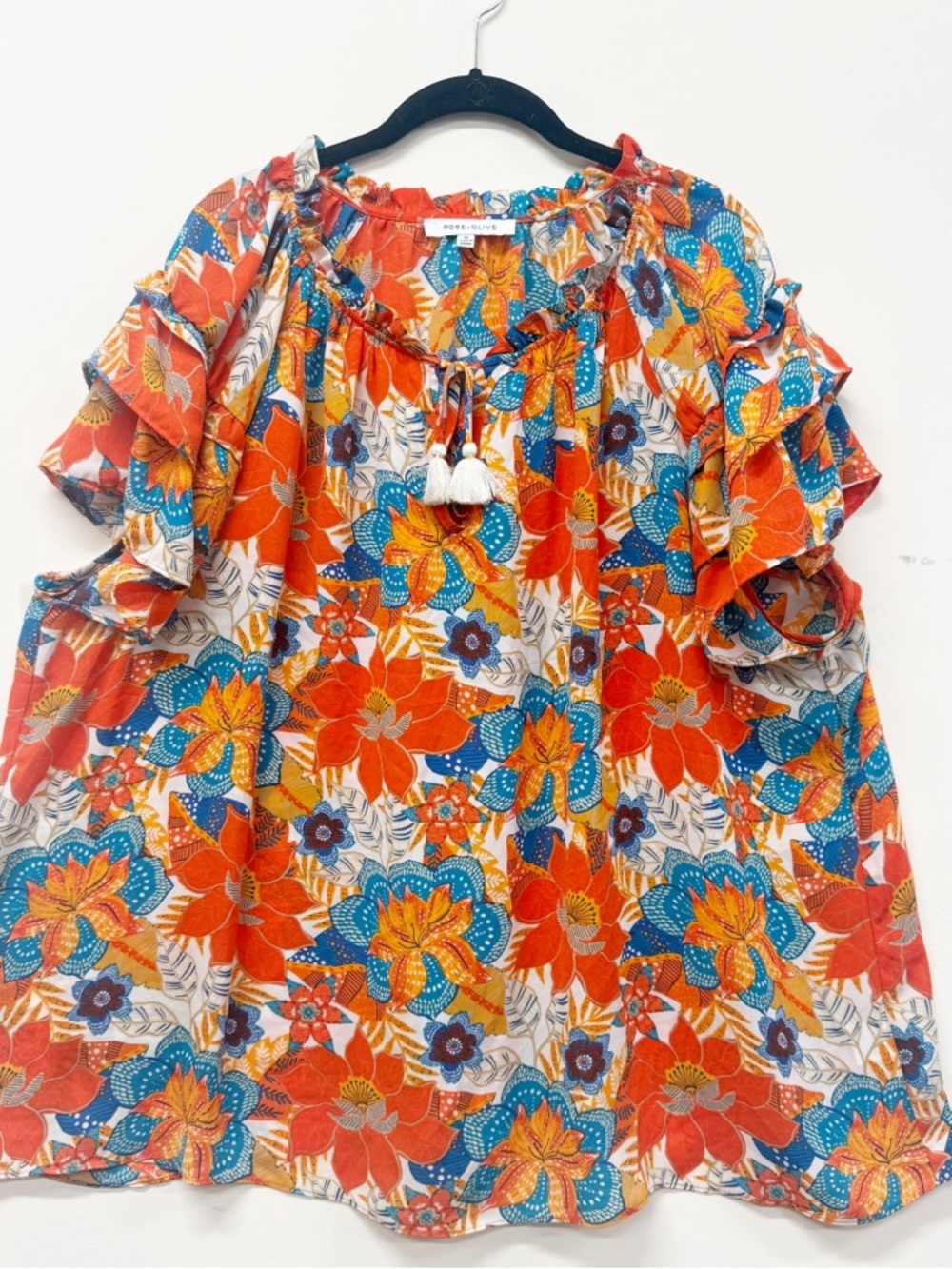 Rose & Olive Plus Size Orange Floral Peasant Top, Size 3X